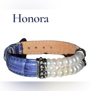 Honora Freshwater Pearl Blue Leather Bracelet Sterling Accents